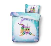 140x200cm 1 Personne Bébé Bambin Adolescent Galaxie Étoile Bleu Violet Chat Parures de Lit avec Taie d'oreiller, Coton 3D Chat Animal Blanc Housse de Couette (Chat 3)