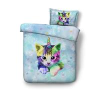 140x200cm 1 Personne Bébé Bambin Adolescent Galaxie Étoile Bleu Violet Chat Parures de Lit avec Taie d'oreiller, Coton 3D Chat Animal Blanc Housse de Couette (Chat 2)