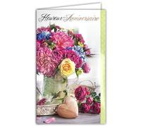 15-6352 Carte Heureux Anniversaire avec Porte-Billet intérieur pour Fille Femme - Bouquet de Fleurs Roses Dahlia Cœur Kiss - Avec Enveloppe Blanche format 12x19,5cm - Espace blanc réservé à l'écriture