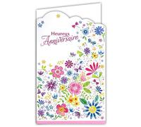 15-6503 Carte avec Enveloppe Heureux Anniversaire pour Fille Femme Bouquet de Fleurs des Champs Champêtre Papillons Libellules Crayons de couleur Rose Violet Bleu - Fabriqué en Europe