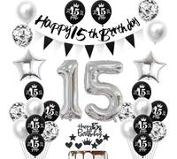 15 ans Anniversaire Décoration garcon fille, Noir Bannière 15 ans Anniversaire Guirlande Déco 15 ans Anniversaire fille Ballons argentés 15 ans Anniversaire Décoration gâteau 15 ans garcon fille