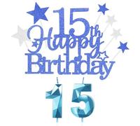 15 Ans Décoration Gâteau Anniversaire 9 Pcs, Double Bleu Glitter Happy 15th Birthday Cake Topper avec Bougies, Star Heart Cupcake, pour Femmes/Homme