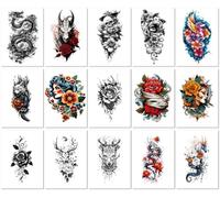 15 feuilles Tatouages Éphémères 3D Réalistes Pour Hommes Et Femmes, Avec Des Motifs Floraux Sur Les Bras, Des Têtes De Loup Et Des Motifs Floraux Simples.