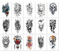 15 feuilles Tatouages Éphémères Réalistes, Écologiques Et Lavables, À Motif Floral Tête De Loup. Design Simple.