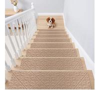 15 Pcs Tapis d'Escalier Autocollants 76x20CM COSTWAY Marchettes Escalier en Tissu Polyester Antidérapant-pour Marches en Bois Beige