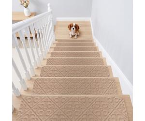 15 Pcs Tapis d'Escalier Autocollants 76x20CM COSTWAY Marchettes Escalier en Tissu Polyester Antidérapant-pour Marches en Bois Beige