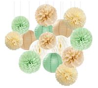 15 Pièces Pompons Deko à Suspendre Lanterne Papier 20 cm 25 cm Deco Mariage Champetre Deco Anniversaire Blanc Vert Kaki