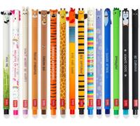 15 stylos à encre effaçable, pointe de 0,7 mm, motifs animaliers, encre de couleurs variées