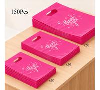 150 pièces Ensemble de sacs cadeaux en plastique rose avec design "Merci" - Durable, élégant, réutilisable, 3 tailles (petit, moyen, grand), convient pour l'emballage de détail ou de magasin de cadeau