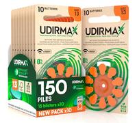 150 Piles Auditives Taille 13 Udirmax PR48 Orange Zinc-Air avec Technologie Dynamic Sonar Eco Pack - 15 Blisters Écologiques de 10 Piles