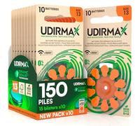 150 Piles Auditives Taille 13 Udirmax PR48 Orange Zinc-Air Eco Pack - 15 Blisters Écologiques de 10 Piles