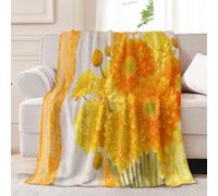 150 x 200 cm Couverture, Douce Flanelle Couverture Vintage Style Champêtre | Fleurs Chrysanthème Rayures Dentelle Douillette Polyvalente Légère Jaune Couverture Chambre Canapé Déco Toutes Les Saisons
