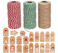 150M Ficelle Noël Rouge Blanche Vert Jute 2mm Emballage Cadeau Fils Ficelle Couleur + 100 Papier Kraft Étiquette Cadeaux de Noël Déco, Corde de Ficelle Naturelle Ficelle de Coton de Noël Recyclable