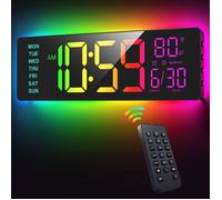 16,5'' Horloge Murale Numérique avec Auto DST, Éclairage RGB à 11 scènes, Télécommande, 2 Alarmes, Grand Affichage LED, Température