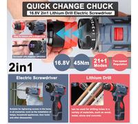 16.8V 2in1 Lithium Drill Electric Screwdriver Multi-function Power Tool 45Nm Torque Brushless Motor Practical Screw Driver for Home Appliances Furniture Installation Automotive Electronics Repairing