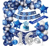 16 Ans Décoration Anniversaire Garçons Chrome Bleu Argent,Royal Bleu Ballons Arch Kit avec Joyeux Anniversaire Bannière Cake Topper Nappe Birthday Sash Grand Ballon Numéro 16