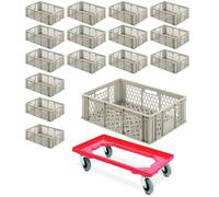 16 bacs standard européens, percés, dimensions 600x400x200 mm, capacité 38,5 litres, couleur gris silice, PLUS chariot de transport avec roulettes silencieuses