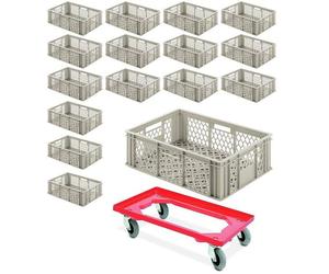 16 bacs standard européens, percés, dimensions 600x400x200 mm, capacité 38,5 litres, couleur gris silice, PLUS chariot de transport avec roulettes silencieuses