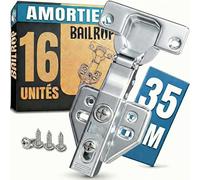 16 Charnières Porte Placard Amortisseur 110° - Charnière Porte Cuisine 35mm | Amortisseur, 35MM, ouverture 110°, Lot de 16, visserie incluse - pour cuisines, armoires et meubles