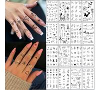 16 feuilles de tatouages temporaires minuscules pour les mains, tatouages noirs petits pour les doigts avec motifs d'étoiles, de soleil, de lune, de papillon, de rose, de cœur et d'expression. Art cor