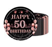 16 PCS Assiette Jetable 7 Pouces, Noir Rose Or, Décoration 50 Ans, Vaisselle pour Fêtes Joyeux Anniversaire