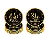 16 PCS Assiette Jetable 9 Pouces,Assiette Anniversaire Noir Gold,Decoration Anniversaire 21 Ans,Assiette Dessert Jetable pour Fêtes Joyeux Anniversaire Decoration,Kit Vaisselle Jetable Anniversaire