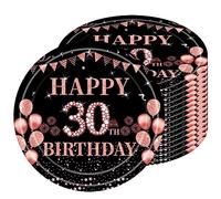 16 PCS Assiette Jetable 9 Pouces,Assiette Anniversaire Noir Rose Or,Decoration Anniversaire 30 Ans,Assiette Dessert Jetable pour Fêtes Joyeux Anniversaire Decoration,Kit Vaisselle Jetable Anniversaire