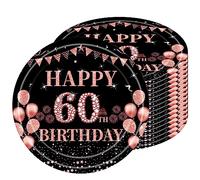 16 PCS Assiette Jetable 9 Pouces,Assiette Anniversaire Noir Rose Or,Decoration Anniversaire 60 Ans,Assiette Dessert Jetable pour Fêtes Joyeux Anniversaire Decoration,Kit Vaisselle Jetable Anniversaire