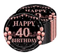 16 PCS Assiette Jetable 9 Pouces - Décoration Anniversaire Noir Rose Or 40 Ans - Kit Vaisselle pour Fêtes Joyeux