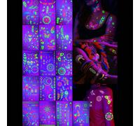 16 pièces Autocollants de tatouage temporaire UV fluorescent, convient pour bar, KTV, boîte de nuit, maquillage de fête et danse, motifs floraux et géométriques imperméables comme mandala, papillon, i