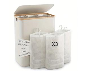 160 l Panier à linge à double couche avec couvercle, comprend 3 sacs à linge, panier à linge couvert grande capacité, sac à lingerie amovible, panier de rangement de linge pliable et gain de place un