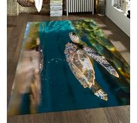 160x200cm Tapis Tortue Marine nageant dans océan Turquoise Lavable | Moquette antidérapante à poils bas pour récif corallien Tapis doux pour salon et cuisine