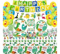 162 Pièces de Fête d'Anniversaire Sur le Thème des Dinosaures - Bannières Happy Birthday, Assiettes, Nappes, Tasses, Serviettes, Décoration T-Rex pour 20 Invités