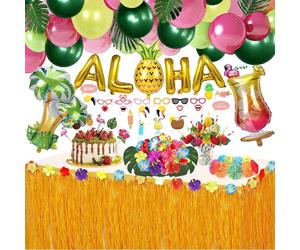 162PCS Hawaii Deko Party Set de décoration avec des ballons Guirlande Jupes de table Kit de ballons Hawaii ALOHA pour tropical été Beach Party Deko table