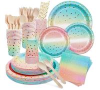 168 pièces de vaisselle jetable pour 24 personnes, comprenant assiettes,gobelets,serviettes,pailles,fourchettes et cuillères en