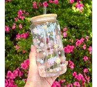16oz Bouteille d'eau en plastique vintage avec imprimé marguerite, tasse à jus réutilisable, mug à café glacé avec paille et couvercle, cadeau parfait pour les dames, amies, sœurs, petites amies, cade