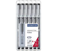 16x Staedtler® 308 SB6P Feutre fin pigment liner - Etui de 6 épaisseurs, noir