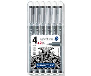 16x Staedtler® 308 SB6P Feutre fin pigment liner - Etui de 6 épaisseurs, noir