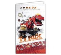 17-6016 Carte Joyeux Anniversaire DINOTRUX Licence DreamWorks Animation - Avec Porte-Billet intérieur et Enveloppe blanche - Jeu de construction Pelleteuse Dinosaure Tyrannosaure Trex Caméléon