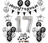 17 ans Anniversaire Décoration garcon fille, Noir Bannière 17 ans Anniversaire Guirlande Déco 17 ans Anniversaire fille Ballons argentés 17 ans Anniversaire Décoration gâteau 17 ans garcon fille