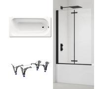 170x75 cm Ensemble baignoire Saniform universelle + Pare baignoire pliable, 2 volets noir + pieds (KW3731-SETP4)