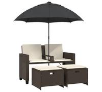 17388& NEUF Canapé de jardin - Salon bas d'extérieur - 2 places et parasol et tabourets marron rotin - 120x61x80 cm