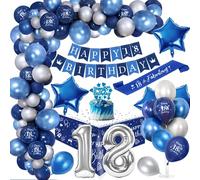 18 Ans Décoration Anniversaire Garçons Chrome Bleu Argent,Royal Bleu Ballons Arch Kit avec Joyeux Anniversaire Bannière Cake Topper Nappe Birthday Sash Grand Ballon Numéro 18