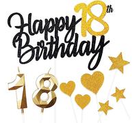 18 Ans Noir Or Decoration Gateau Anniversaire 9 Pcs,Double Glitter Happy 18th Birthday Cake Topper Deco avec,18 Ans Bougies,Star Heart Cupcake,Décoration de Gâteau pour Femmes/Homme