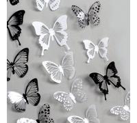 18 pièces Autocollants muraux 3D réalistes papillons noir et blanc, décoration de maison créative, décoration de chambre, décoration murale, autocollants personnalisés 18Polychlorures de vinyle