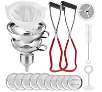18 pièces : entonnoirs en acier inoxydable avec filtre et ensemble de pinces pour bocaux, 3 tailles d'entonnoirs pour confitures en acier inoxydable, entonnoirs pour confitures avec filtre fin et couv