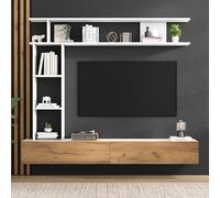 180*35*22.5cm TV wall unit set with display cabinets, media wall incl. TV board, floor-standing shelf and wall shelf, TV living room furniture set, TV cabinet, standing & hanging, TV up to 80', white