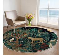 180 cm Rond Tapis de Salon Lavable en Machine - Vert Foncé Tapis Salle à Manger Antidérapant et Fin - Tapise Surréalisme Flore Et Faune Nuit Étoilée Imprimé pour Cuisine Entrée Ou Home Cinéma