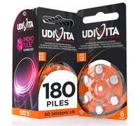 180 Piles Auditives Taille 13 Udivita Type Zinc-Air - 30 Blisters de 6 Batteries
