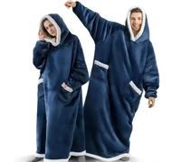 180cm Super longue flanelle couverture pyjamas avec manches hiver sweat à capuche femmes hommes pull polaire géant surdimensionné extérieur Bleu